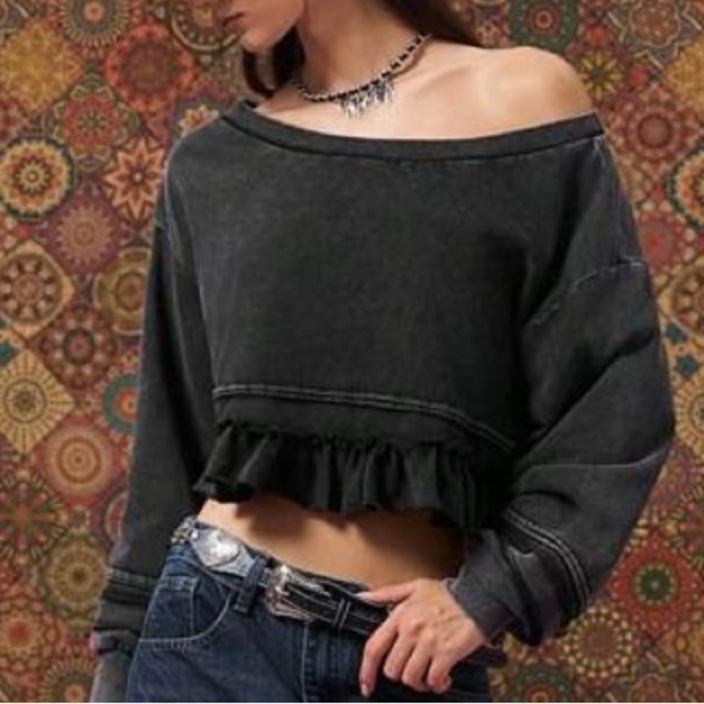 Black Off-Shoulder Ruffle Top - Picture 3 of 13